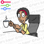 MayaHappyDeskSittingPointingCoffeeRefreshmentCupIndicateRelaxedChilled.png