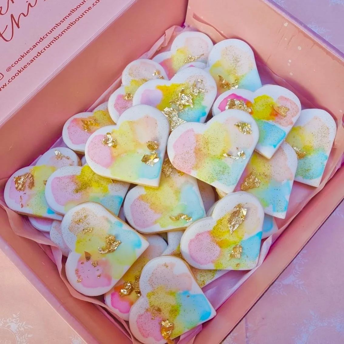 💖✨ Sweet dreams are made of this! 💕
Our pastel heart cookies are bringing all the ✨ good vibes ✨ &mdash; splashed with dreamy colour, a little gold magic, and a whole lotta love 💛💗💙💜

Perfect for literally any excuse &mdash; birthdays, self-car