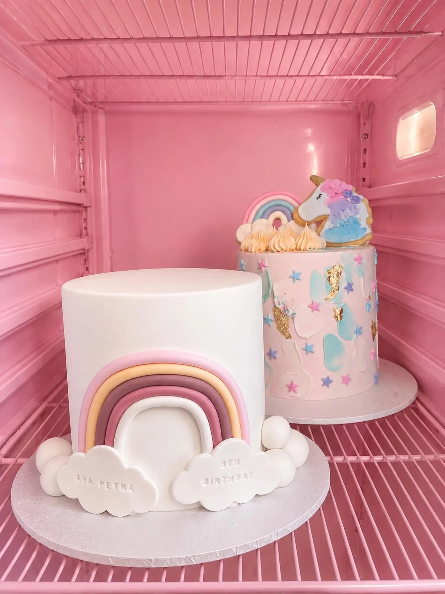 POV: You open the pink fridge and this is waiting for you. 💕✨ Rainbow dreams and unicorn magic, ready for two very special birthdays 🎀💕🥳💝 Tap to shop these babes online! 🙌