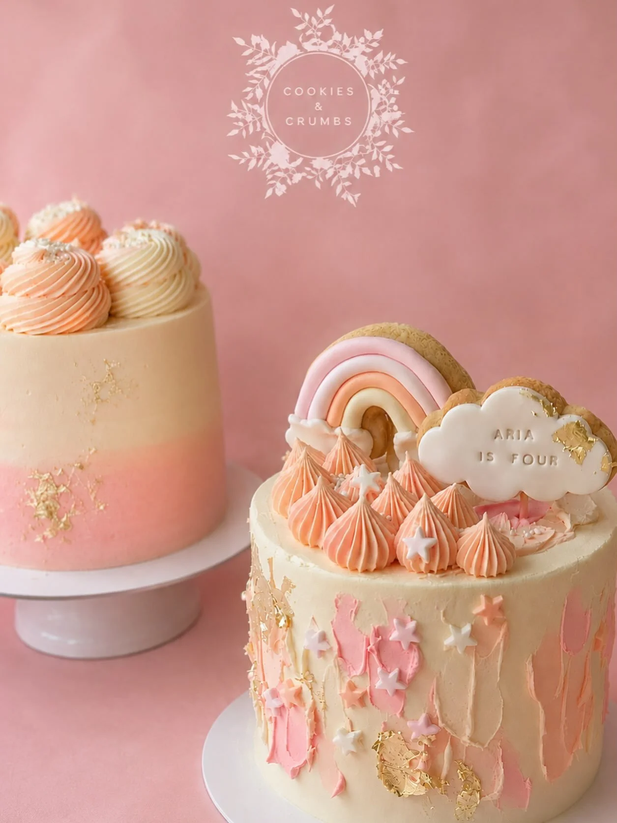 Pastel perfection 🌈✨

Soft blush, peach &amp; cream buttercream, touches of gold and the sweetest personalised cookie toppers &mdash; made for the prettiest birthday celebrations. 🎂💗

Because sometimes a cake really can be too pretty to cut. 🤭

C