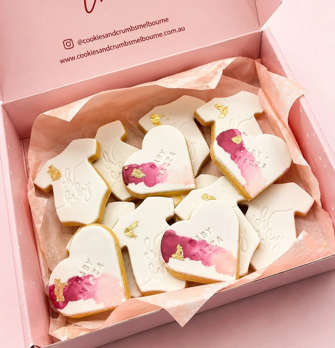 A little love, a little gold &amp; a whole lot of sweetness for Baby Mazza 🎀✨

Handcrafted baby shower cookies with soft watercolour details and touches of gold leaf - almost too pretty to eat. 🤍

The sweetest way to celebrate a little one on the w