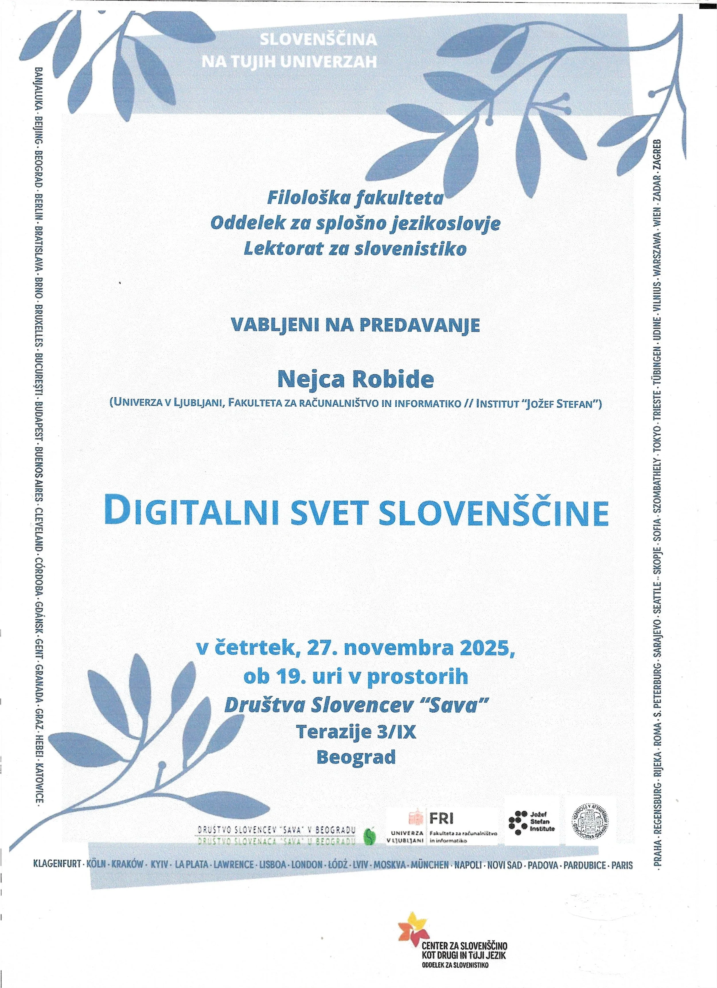 Predavanje Nejca Robide "Digitalni svet slovenščine", 27.11.2025 ob 19. uri