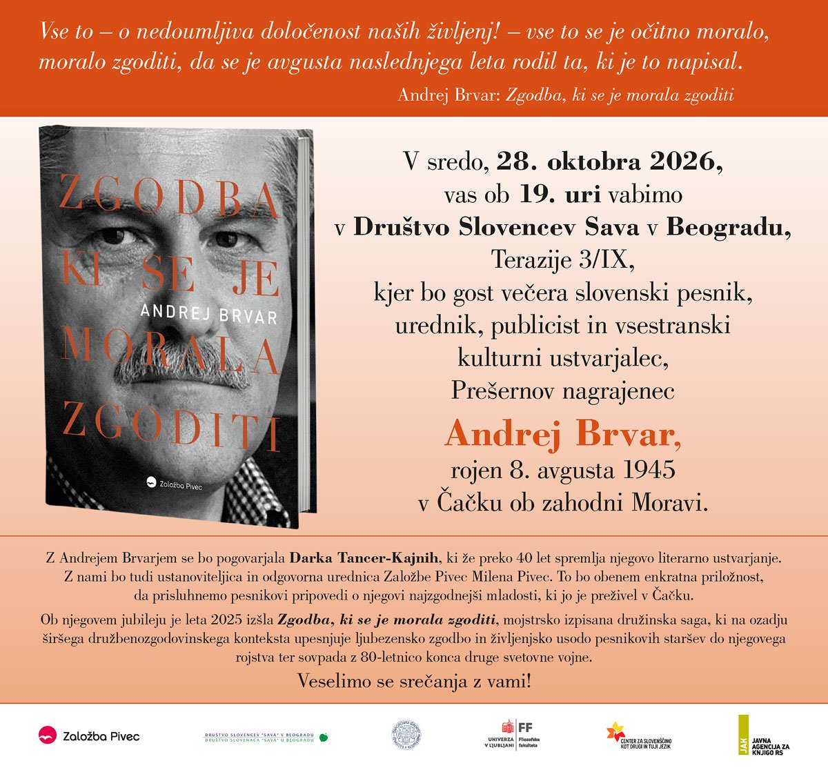 Literarni večer v Društvu Sava - gost Andrej Brvar, sreda 28.10.2026 ob 19. uri