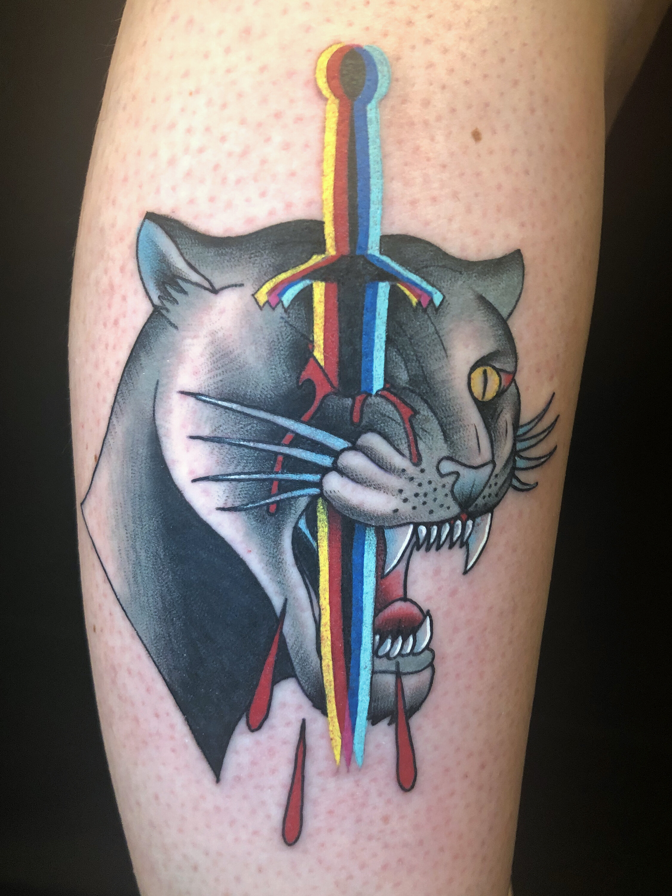 Traditional Panther With Dagger Tattoo