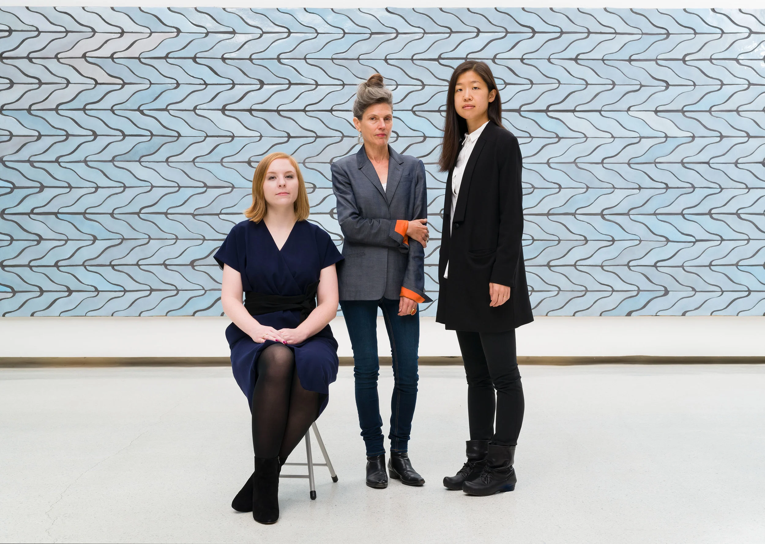 Ingrid Schaffer (center) with Associate Curator Liz Park (right) and Curatorial Assistant Ashley McNelis (left). © Carnegie Museum of Art, Pittsburgh. Photo: Bryan Conley.