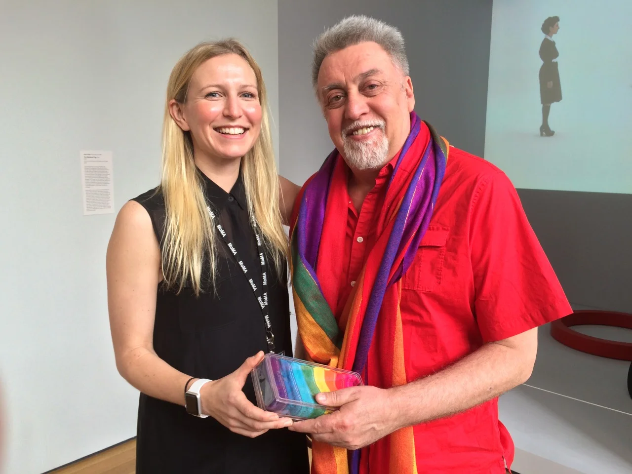 Fisher with Gilbert Baker, creator of the Rainbow Flag, at MoMA in 2015. Courtesy Michelle Millar Fisher.