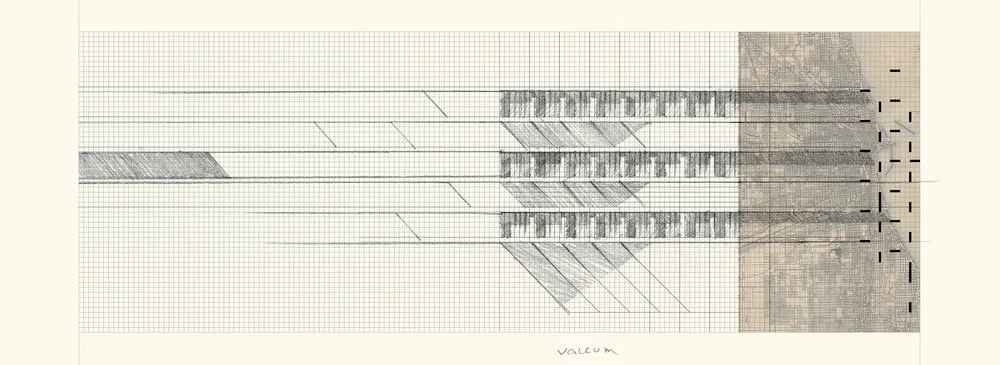 Sketchbook spread of Disco, 2013 . Drawing and Auto cad. Published in Portal 9, Stories and Critical Writing About The City, Issue #2 Spring 2013, The Square. Courtesy Saba Innab.