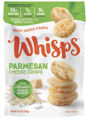Bag of Whisps Parmesan cheese crisps, baked keto-friendly snack made from parmesan cheese with stacked crisps on packaging.