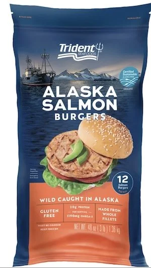 Bag of Trident Seafoods Alaska Salmon Burgers, frozen wild-caught salmon patties with burger serving image on packaging.