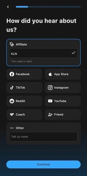 Mobile app sign-up screen asking how did you hear about us with affiliate code KLN and social media referral options.