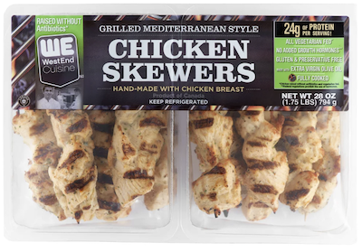 Pack of WestEnd Cuisine Mediterranean style chicken skewers in plastic tray, grilled chicken breast skewers shown through clear packaging.