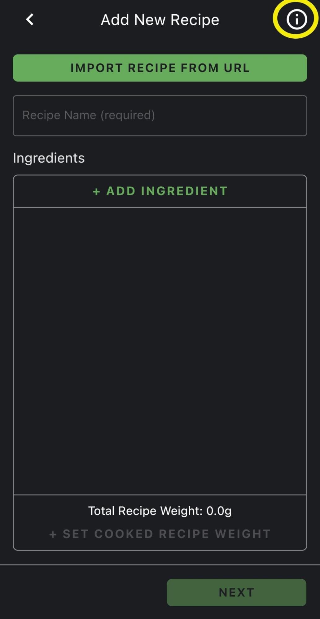 Screenshot of the 'Add New Recipe' screen in a food tracking app, featuring options to import a recipe from a URL, manually enter ingredients, set total recipe weight, and proceed by tapping 'Next'.