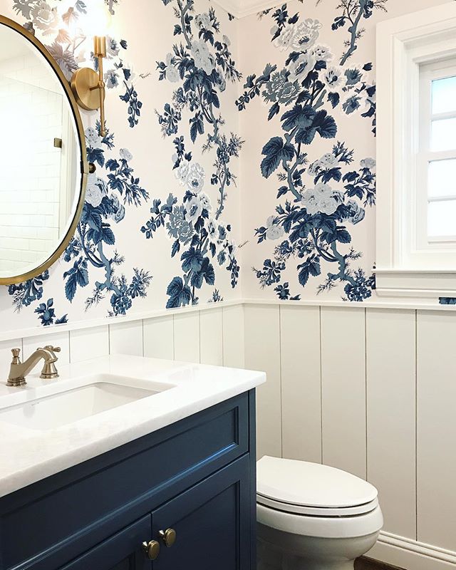 Powder/guest bath from our Northlake project. Blues + Brass is a win