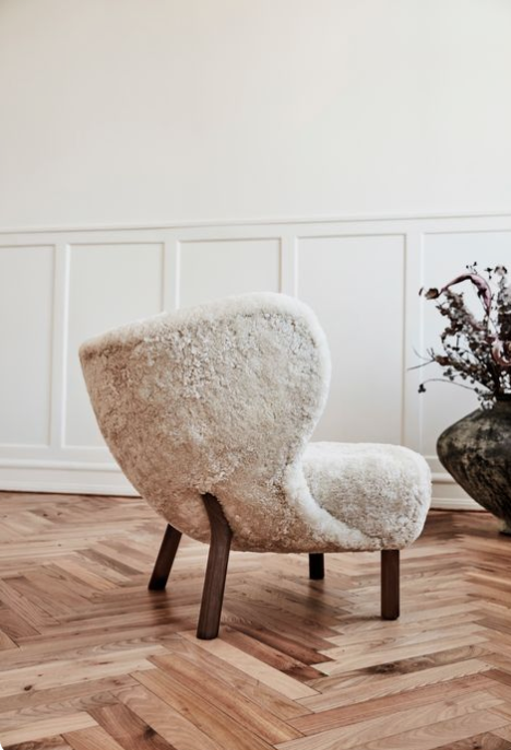 danish design, clam chair, white furry chair