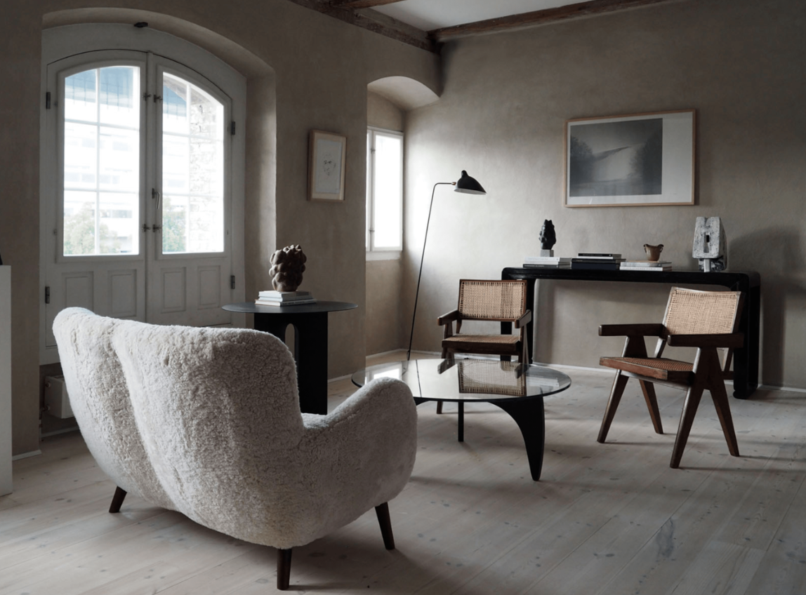 white furry chairs, sheepskin chair, danish interior design