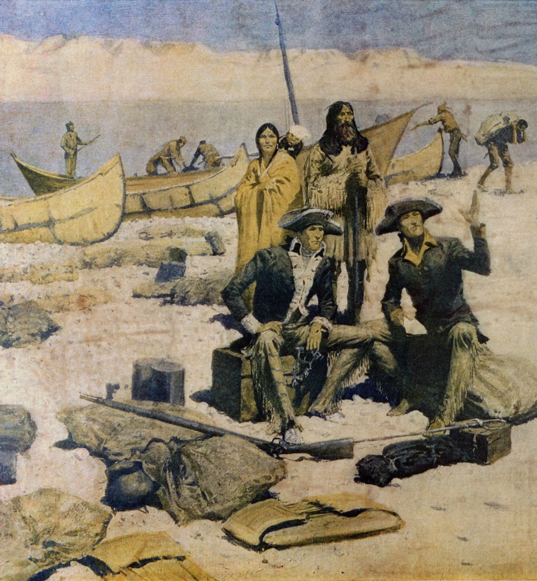French voyagers and Native Americans sit and stand amongst canoes along the Wisconsin River shoreline.