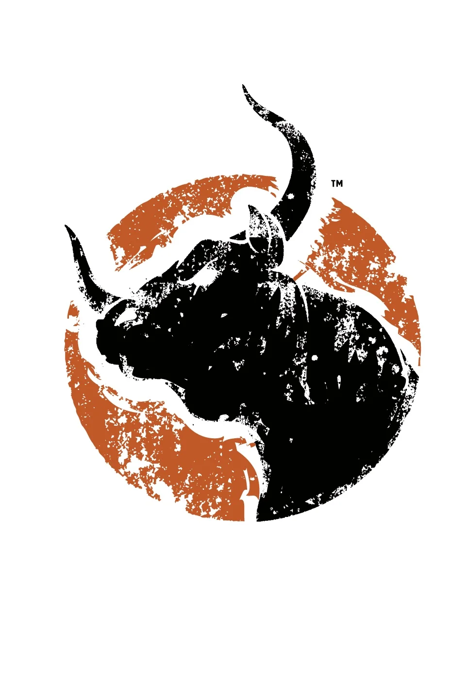 The IRONBULL™ logo icon uses a distressed style to depict a black bull’s head inside of an orange circle.