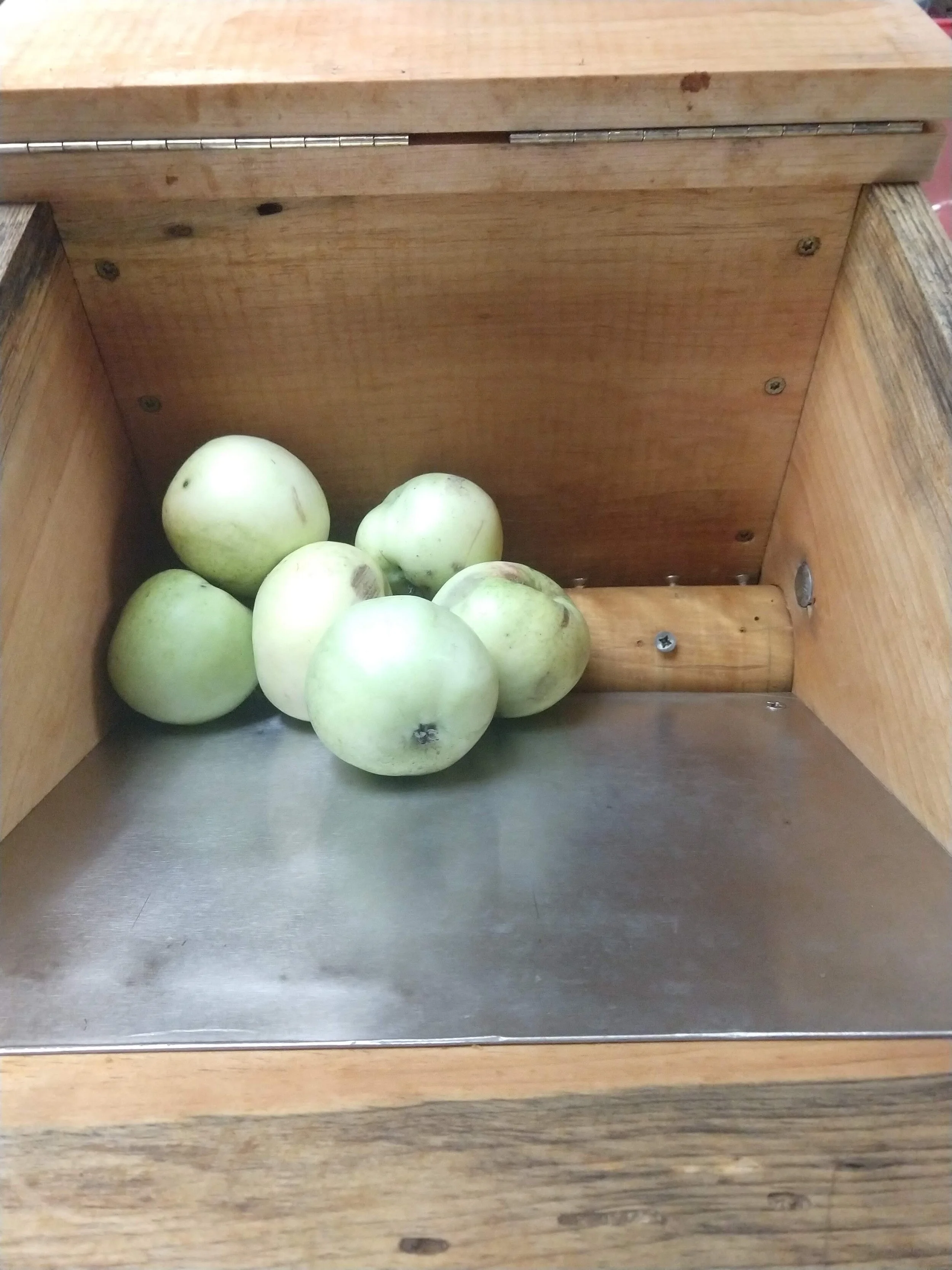The apple scratter consists of a solid birch dowel that was cut down to size by a lathe. The ends were fitted with old salvaged link belt bearings. Stainless steel screws in an alternating pattern were added to the dowel and inserted into the white pine wood box. On one end a pully was added with an old motor. The old motor used was too high of an RPM and well just too old and after a while blew the breaker. The motor was replaced with a smaller scroll saw motor and that seems to work well but just takes a little longer.