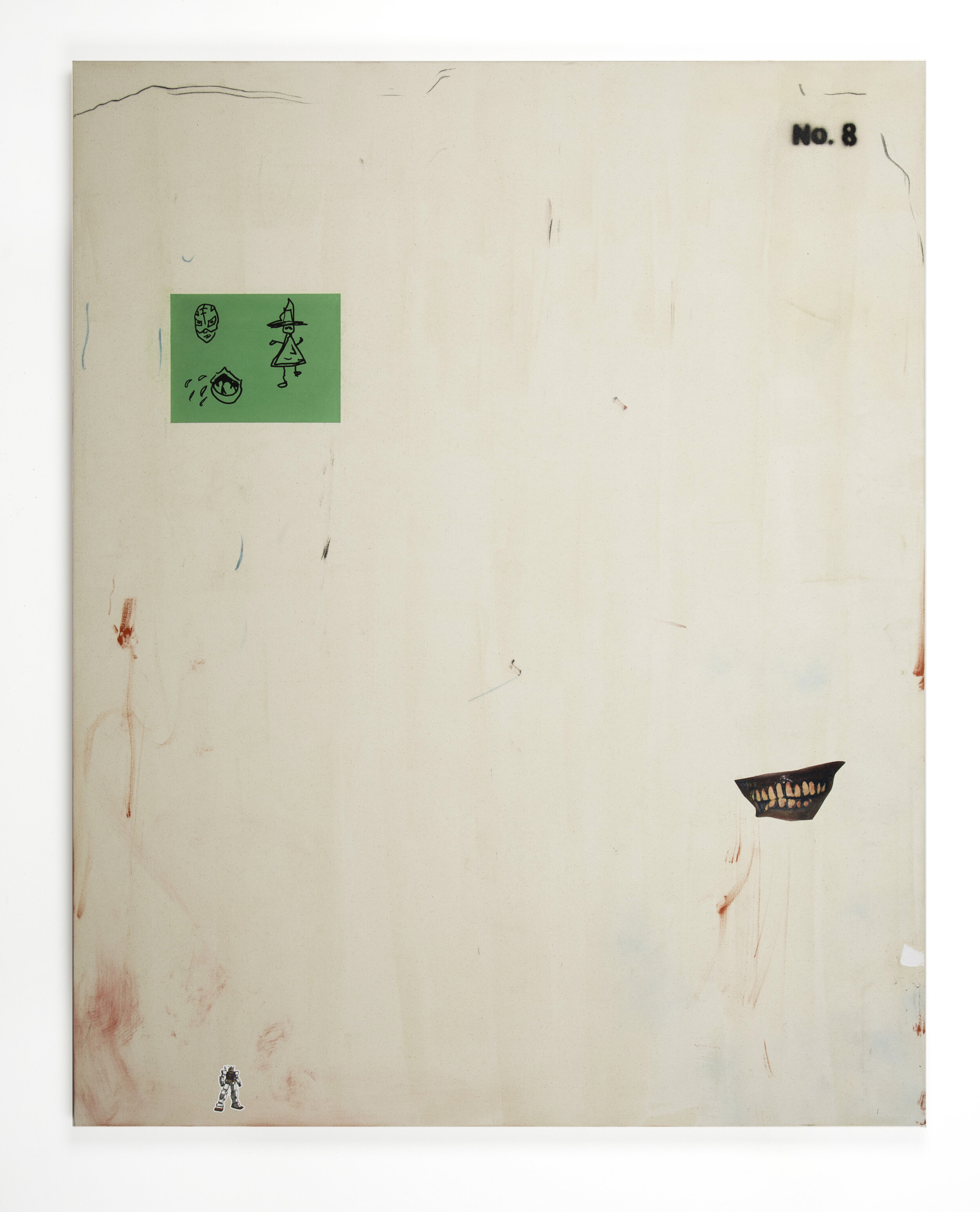 Marker, Spray Paint, Newsprint, Vinyl Sticker, Paper Collage on Canvas, 75" x 60"
