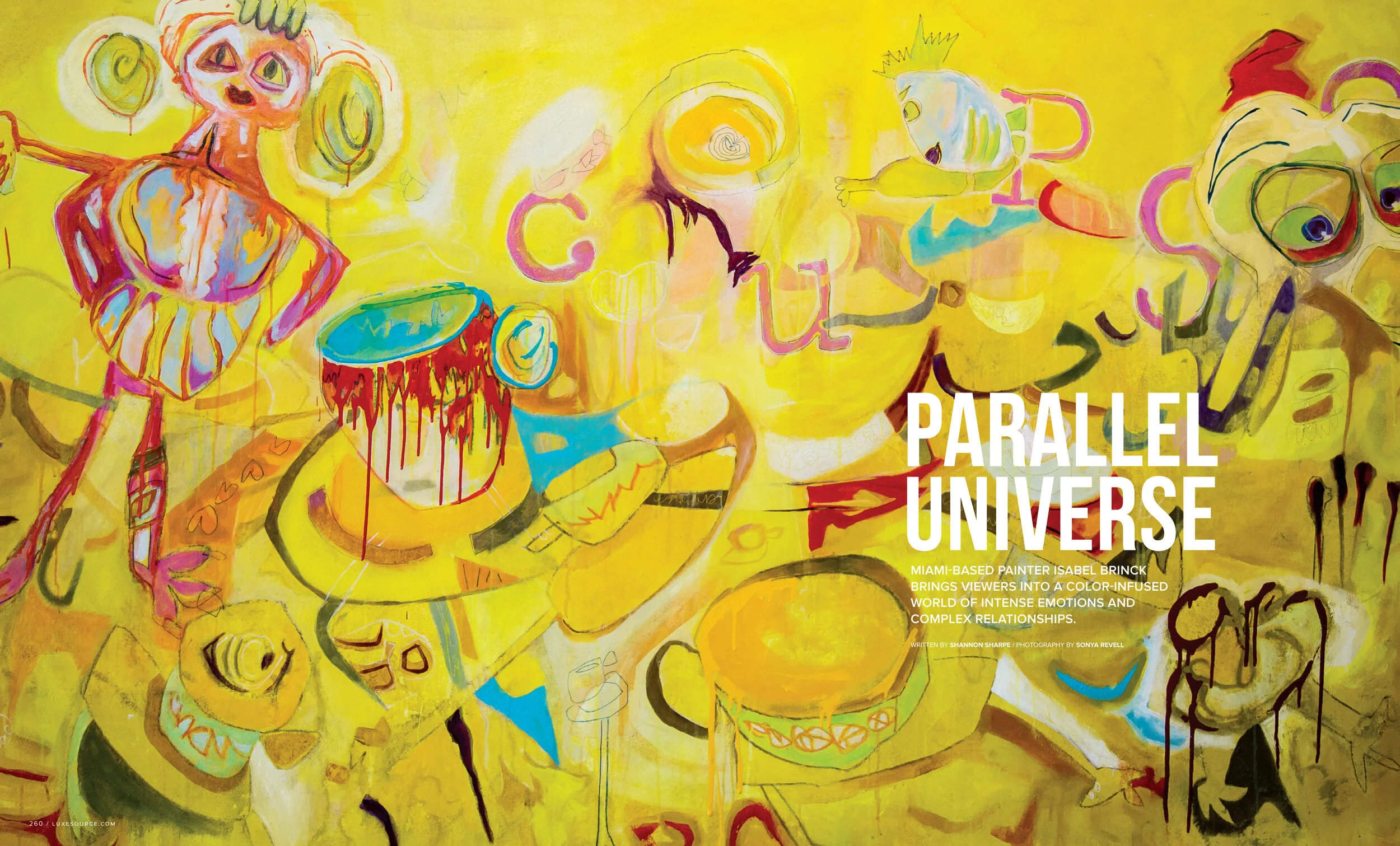 Luxe Interiors + Design spread featuring the art work of Miami artist, Isabel Brinck.