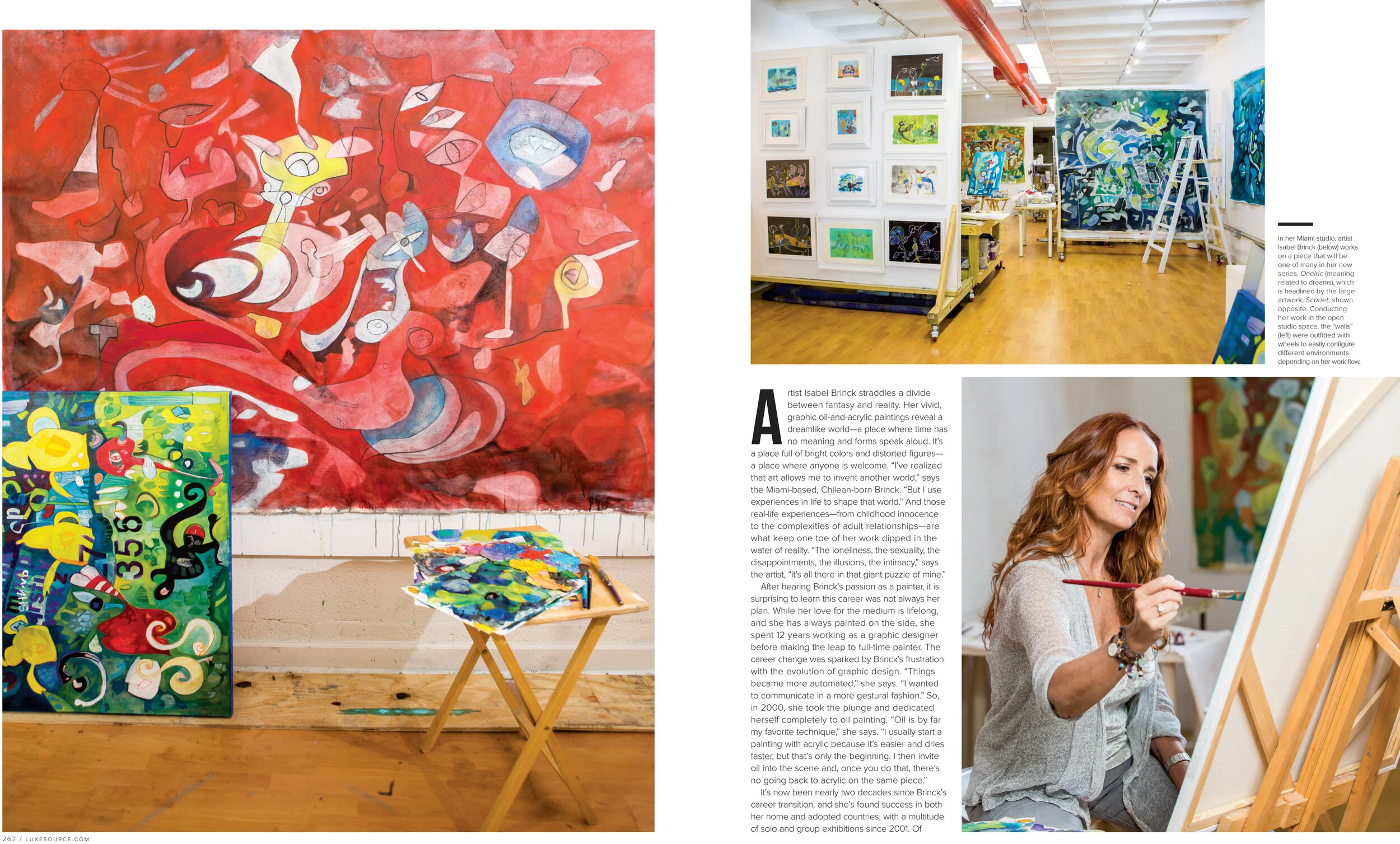 Luxe Interiors + Design spread featuring the artwork of Miami artist, Isabel Brinck.