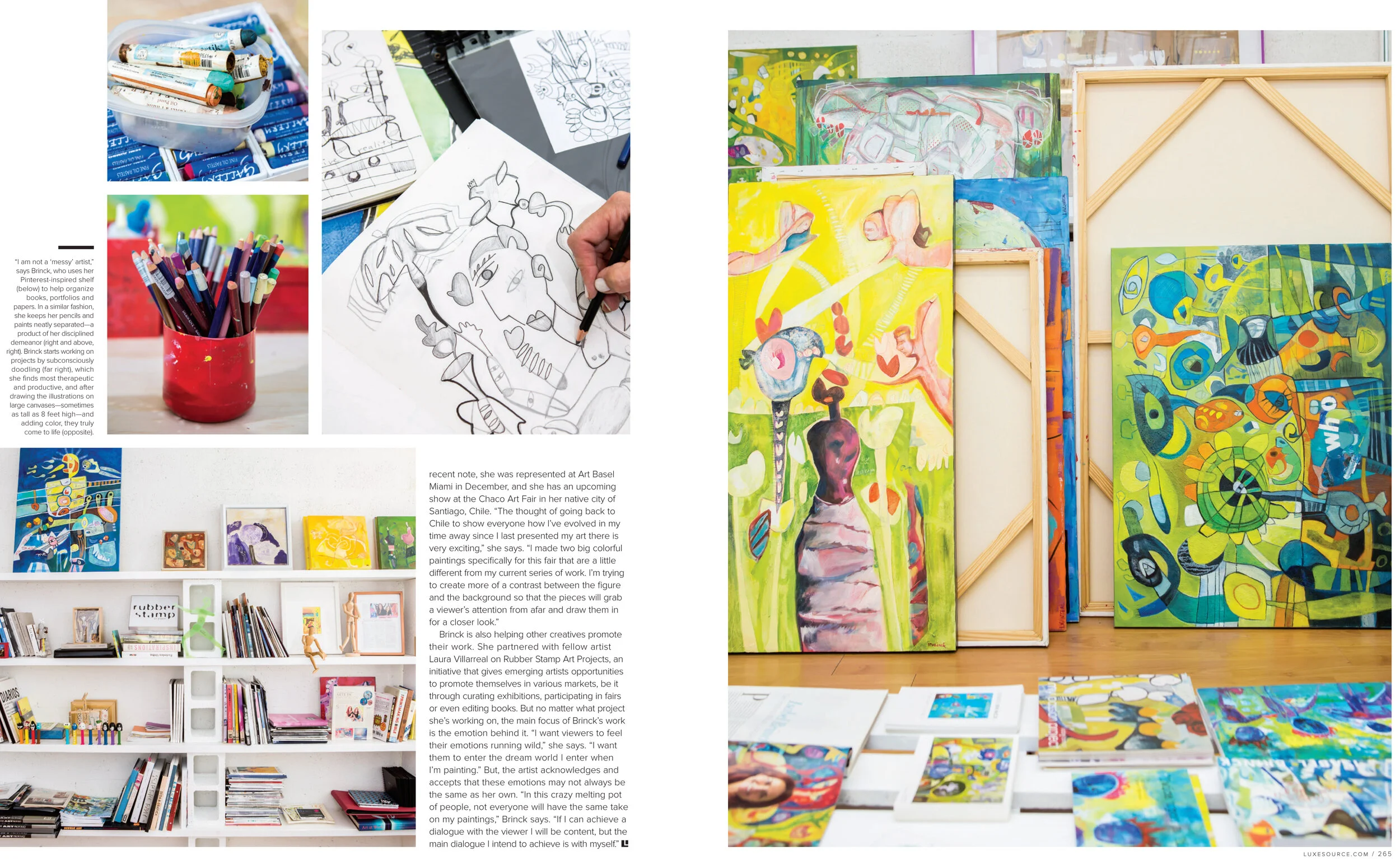 Luxe Interiors + Design magazine spread featuring the artwork and materials of Miami artist, Isabel Brinck.