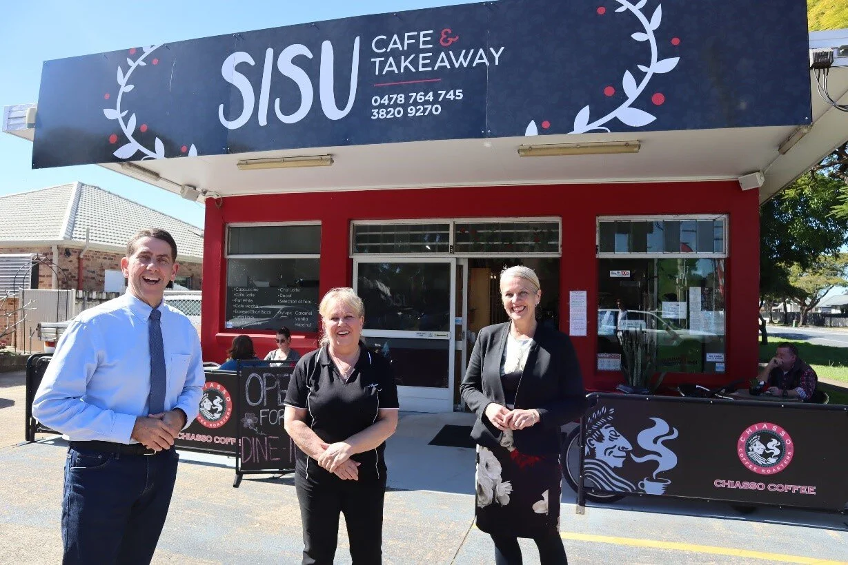 Queensland Treasurer Cameron Dick, Sisu Cafe owner Anna Hobbs, Member for Redlands Kim Richards