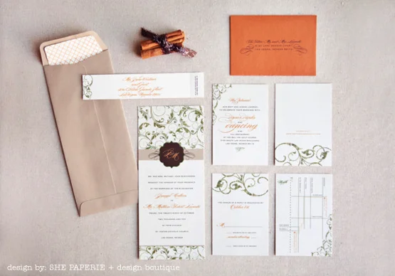 elegant green and brown invitation suite
