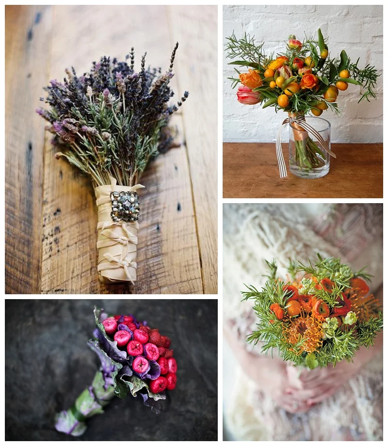 lavender-rosemary-bridal-bouquet, strawberries-macopa-purple-cabbage-rose-rosemary-and-kumquat-bouquet