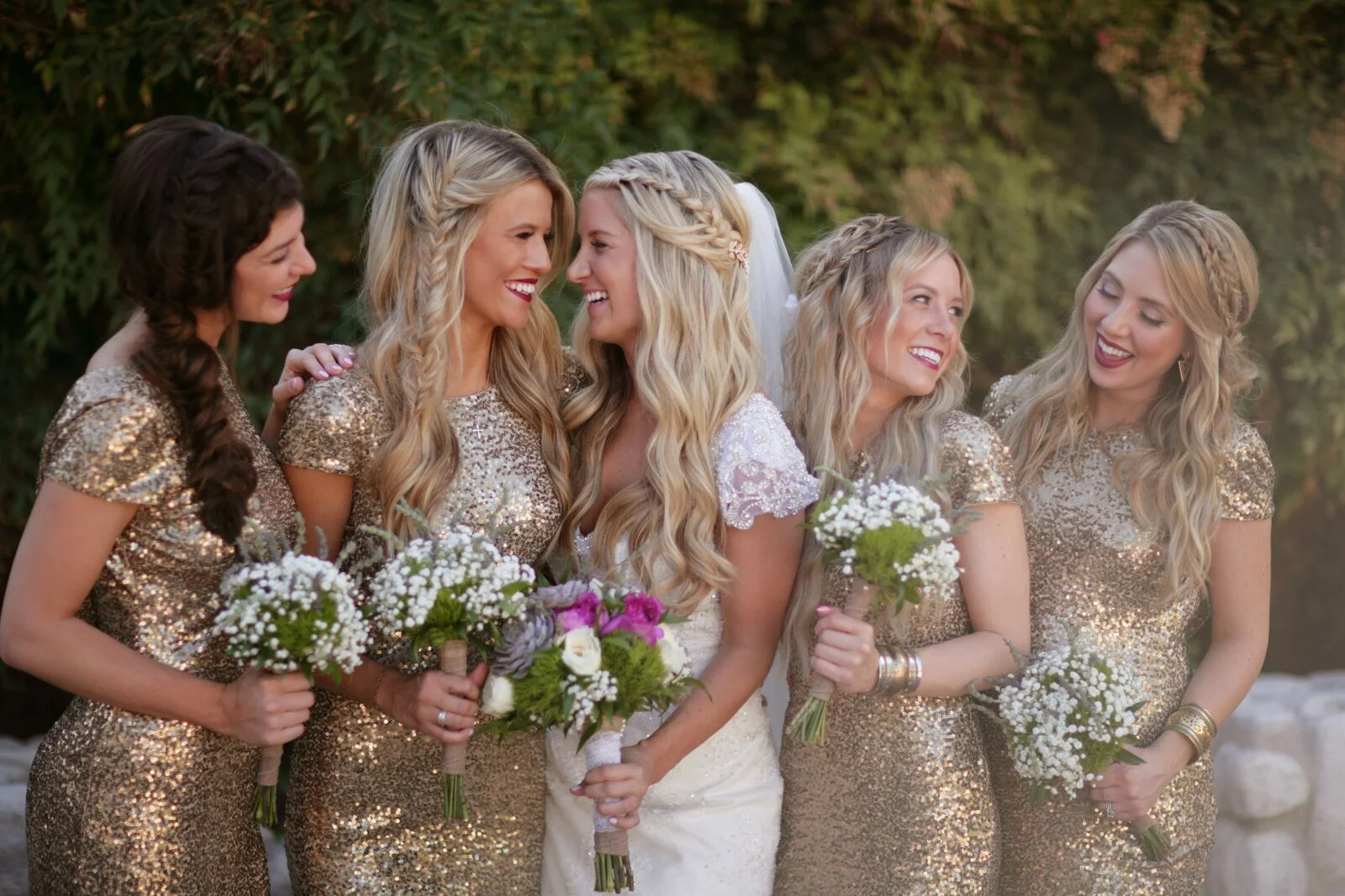 Bride and Bridesmaids in gold sequined dresses