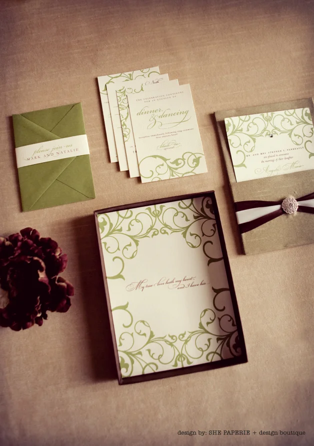 green and brown fall wedding invitation suite in box