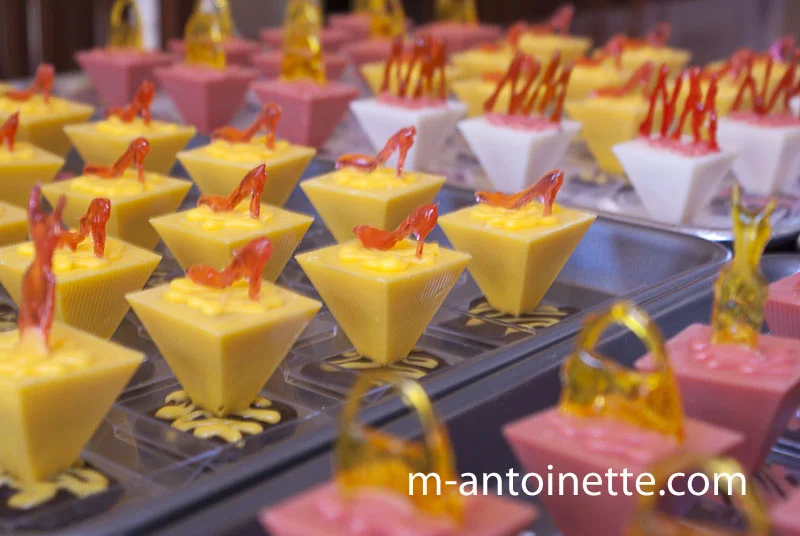 petit fours with sugar glass shoes and handbags