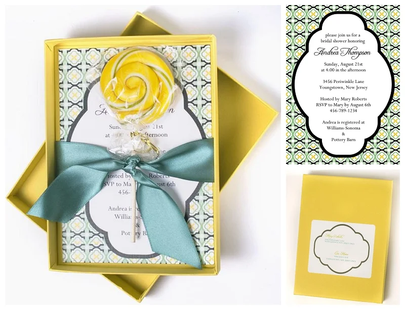 yellow, blue, green invitation with lollipop