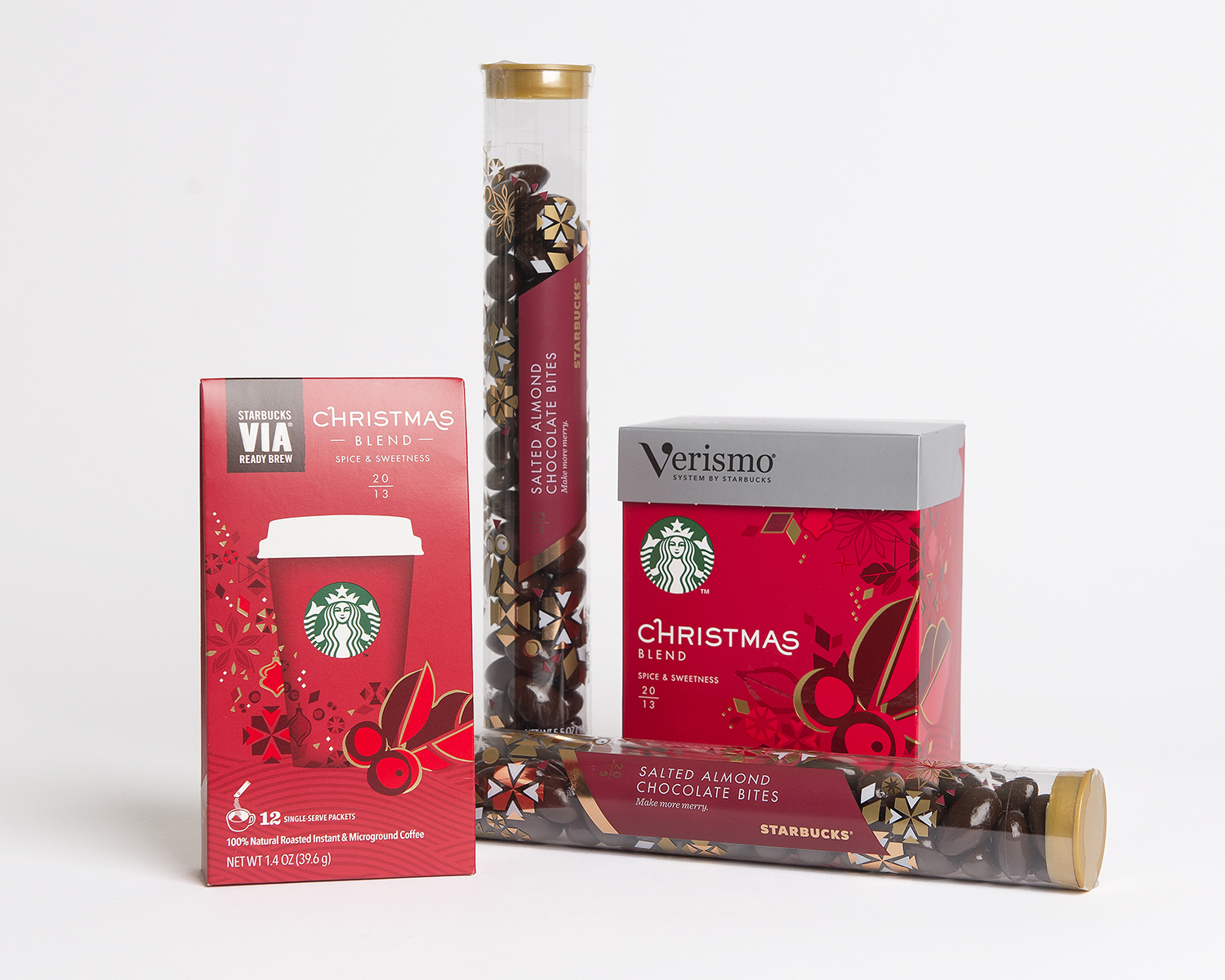 Each Starbucks VIA or Verismo package has a unique “corsage” element and foil accents. The elongated shape of the Salted Almond Chocolate Bites tube makes it an easy stocking-stuffer, while the delicate foil "snowflake" pattern makes it giftable without needing to be wrapped.