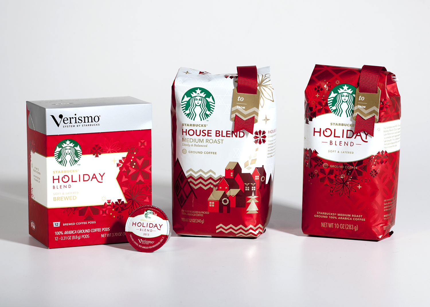 Verismo Holiday Blend cartons and pods. Custom gift tags with grosgrain ribbon for Target-exclusive coffee bags.