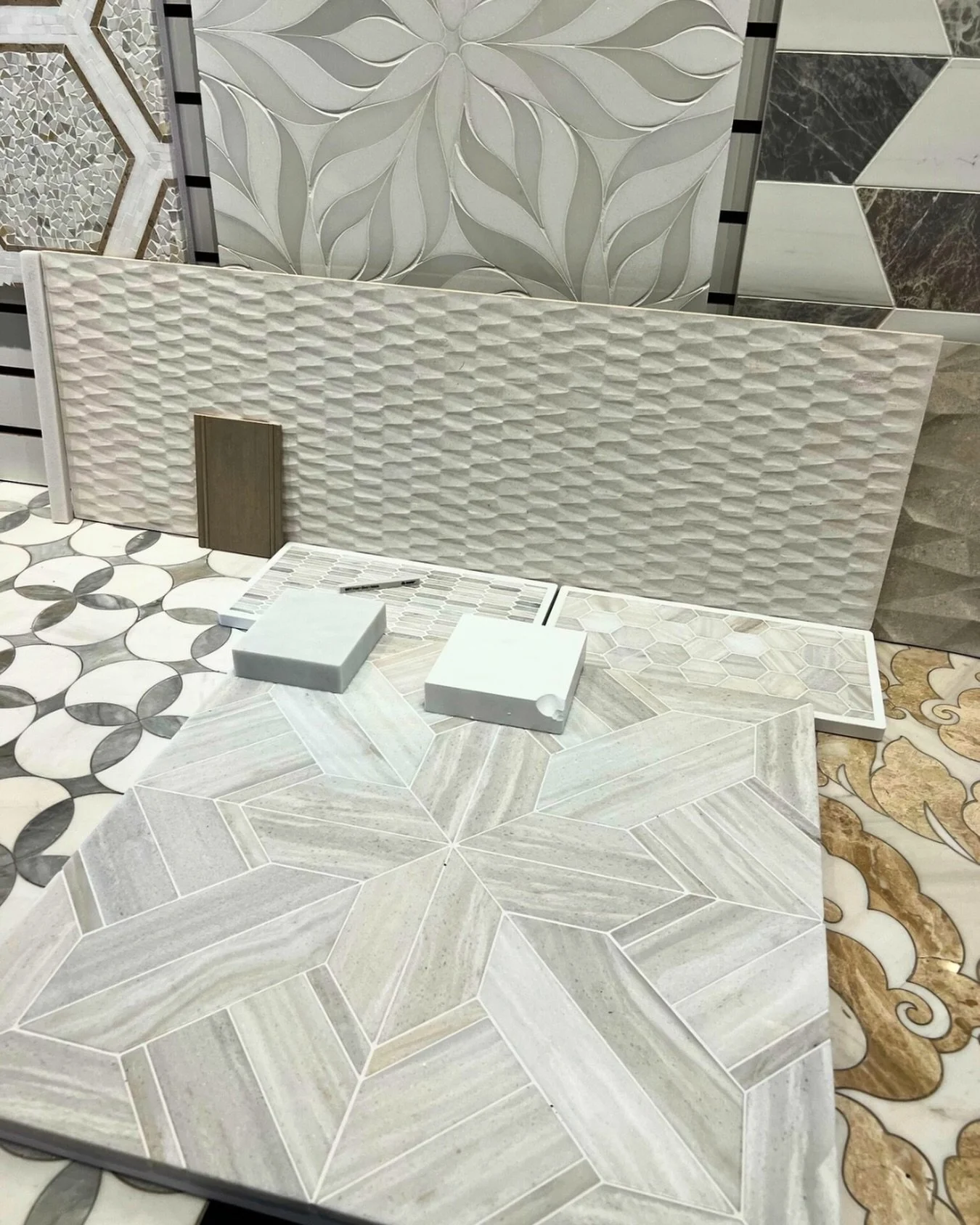 Behind the scenes of a recent tile styling session, exploring textures, tones, and patterns that bring movement and depth to each space.