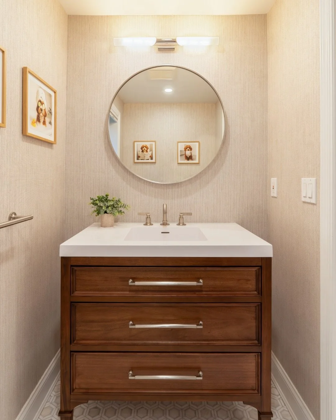 A bathroom just off the kitchen, designed to feel both polished and practical.

Clean tile, natural stone, and subtle details that bring a bit of personality into the space.

#vbmimprovements
