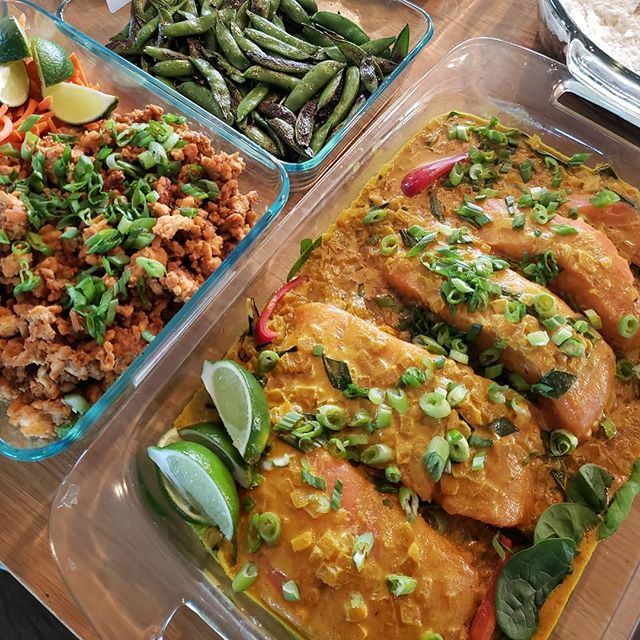 Coconut Curry Salmon over Sesame Bok Choy and Thai Peanut Chicken Lettuce Wraps ! 
#austin #paleo #paleofood #paleochef #personalchef #privatechef #austinchef #mealprep #cleanmeals #foodie #instafoodie #realfood #cleaneats #atx #austineats #glutenfre