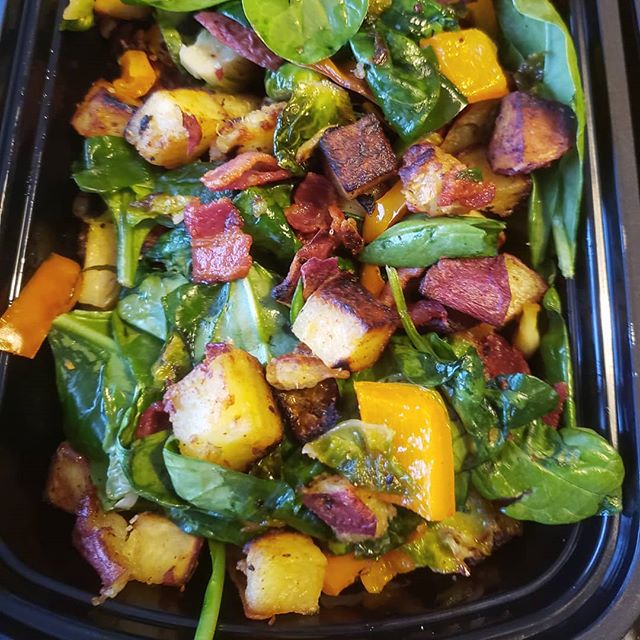 Simple fall breakfast OR dinner Hash: 12 oz uncured bacon chopped and rendered in a pot- Diced sweet bell and quartered brussels seared in bacon fat-Steamed and diced japanese yams fried in remaining bacon fat with a tbsp of garden-fresh baby spinach