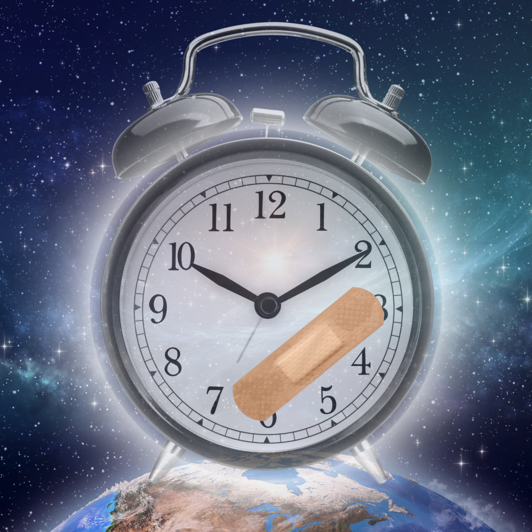 alarm clock with bandage on it to symbolize the time wound