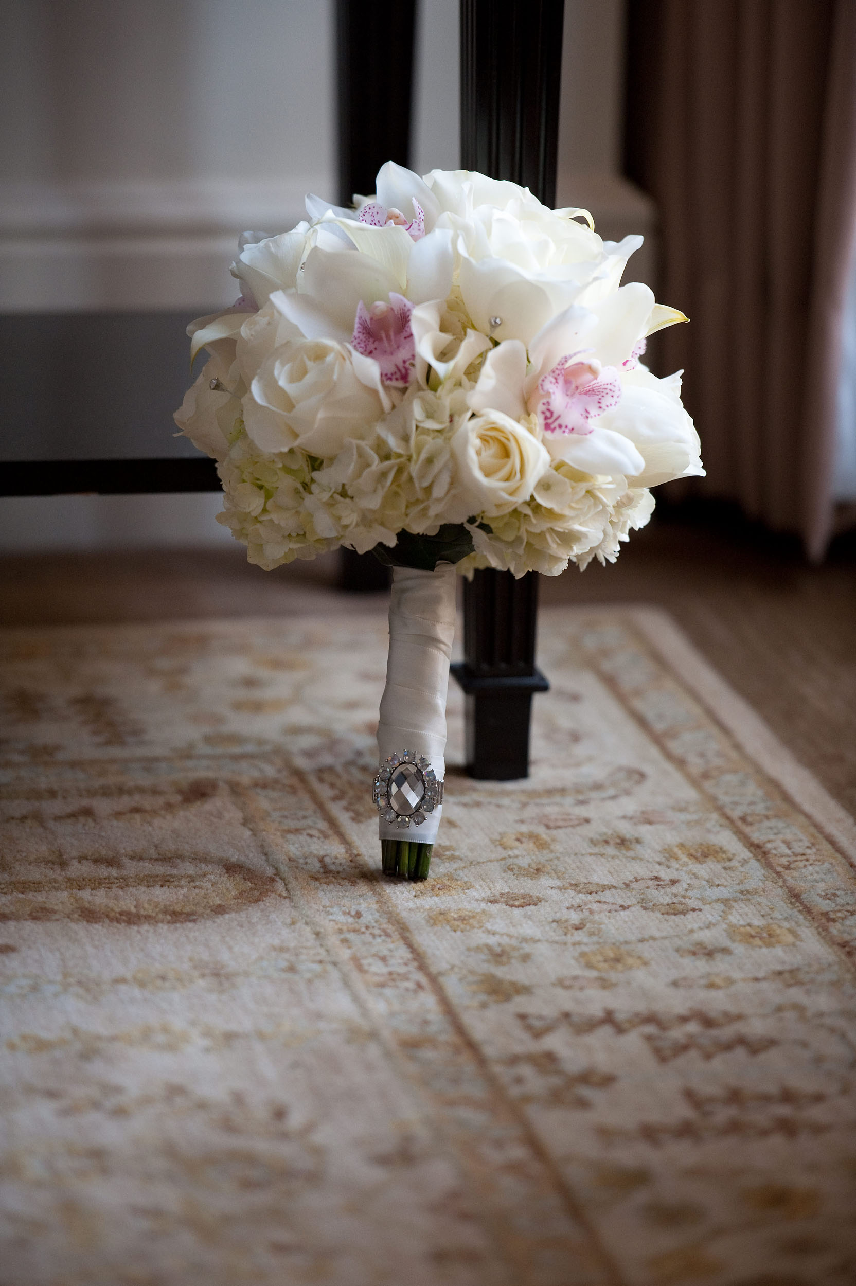 White and pink bride's flower bouquet.