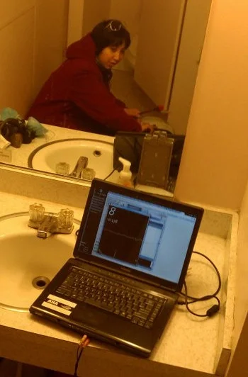 Tuning using Processing. Yes that is a public bathroom in the background. Times were rough.