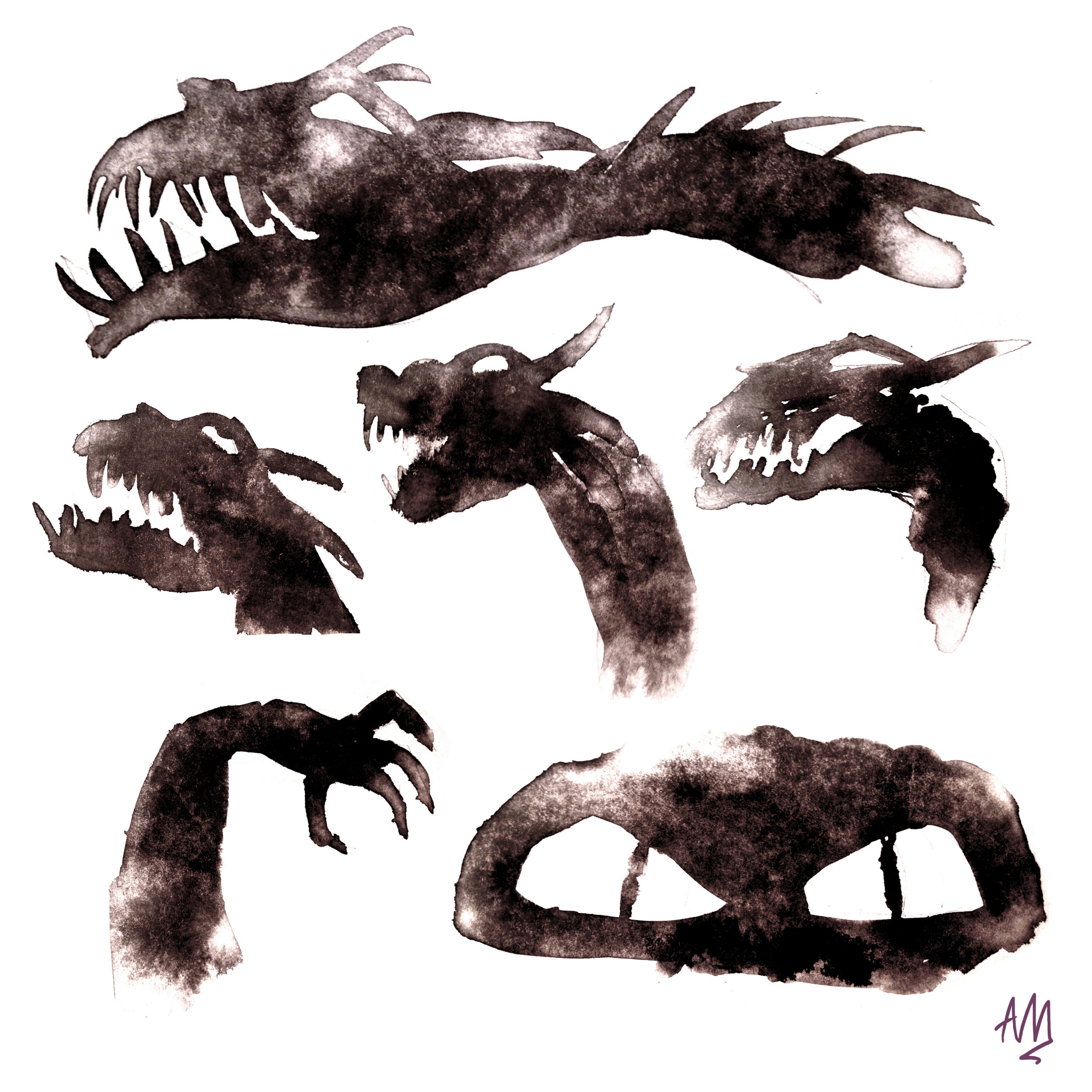 Dragon Concept Art Figure painted out with water first, then ink dripped on to create splotchy and decrepit look.