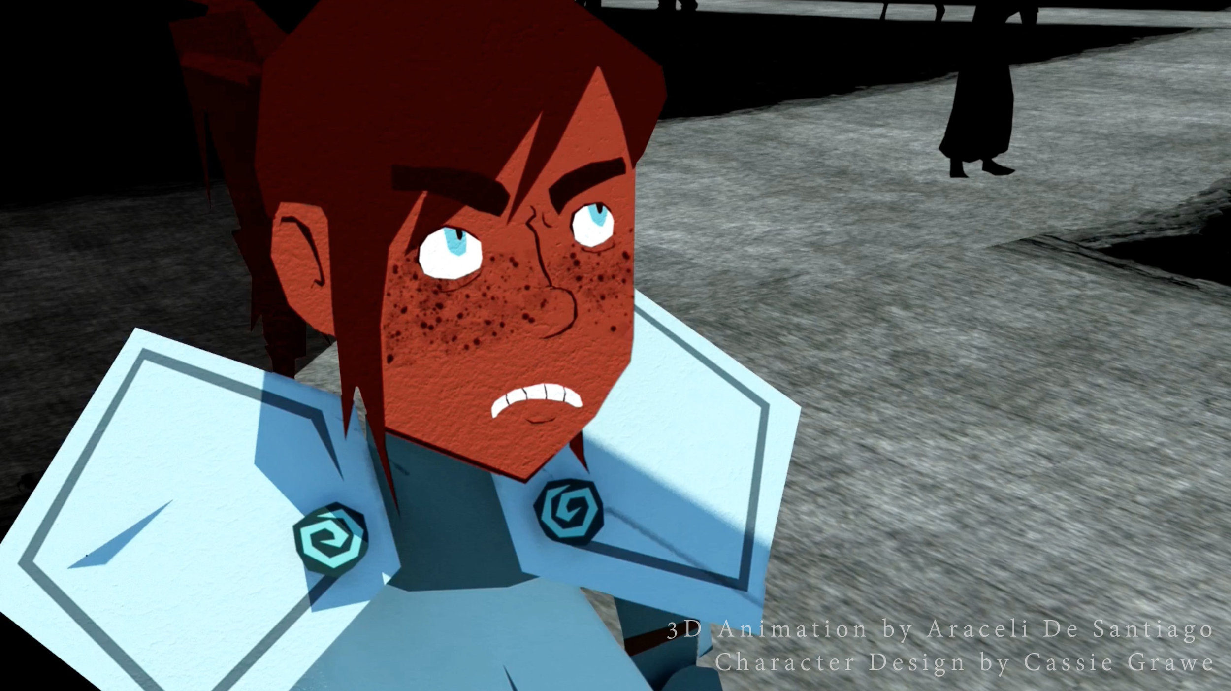 Our Knight character moved like a complex paper-cut-out doll so while her body was animated in 3D, her face was 2D.