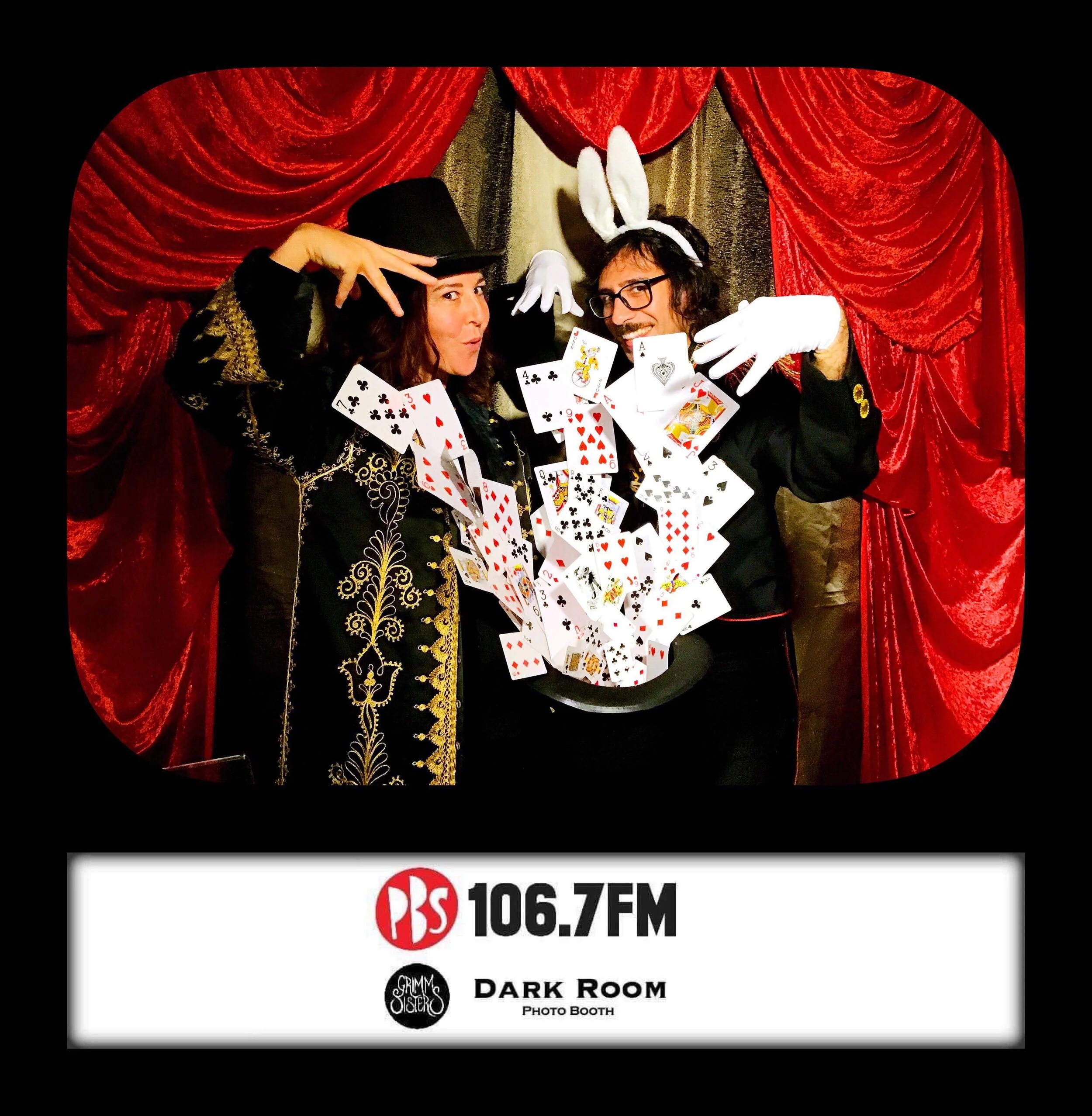 PBSFM Radio Festival Launch - Work Your Magic Event styling for the week of PBSFM’s annual radiothon and a custom built parlour magic themed Dark Room photo booth. Featuring props such as exploding hat of tumbling cards, embellished show jackets and handmade life-sized sawed in half magic trick.