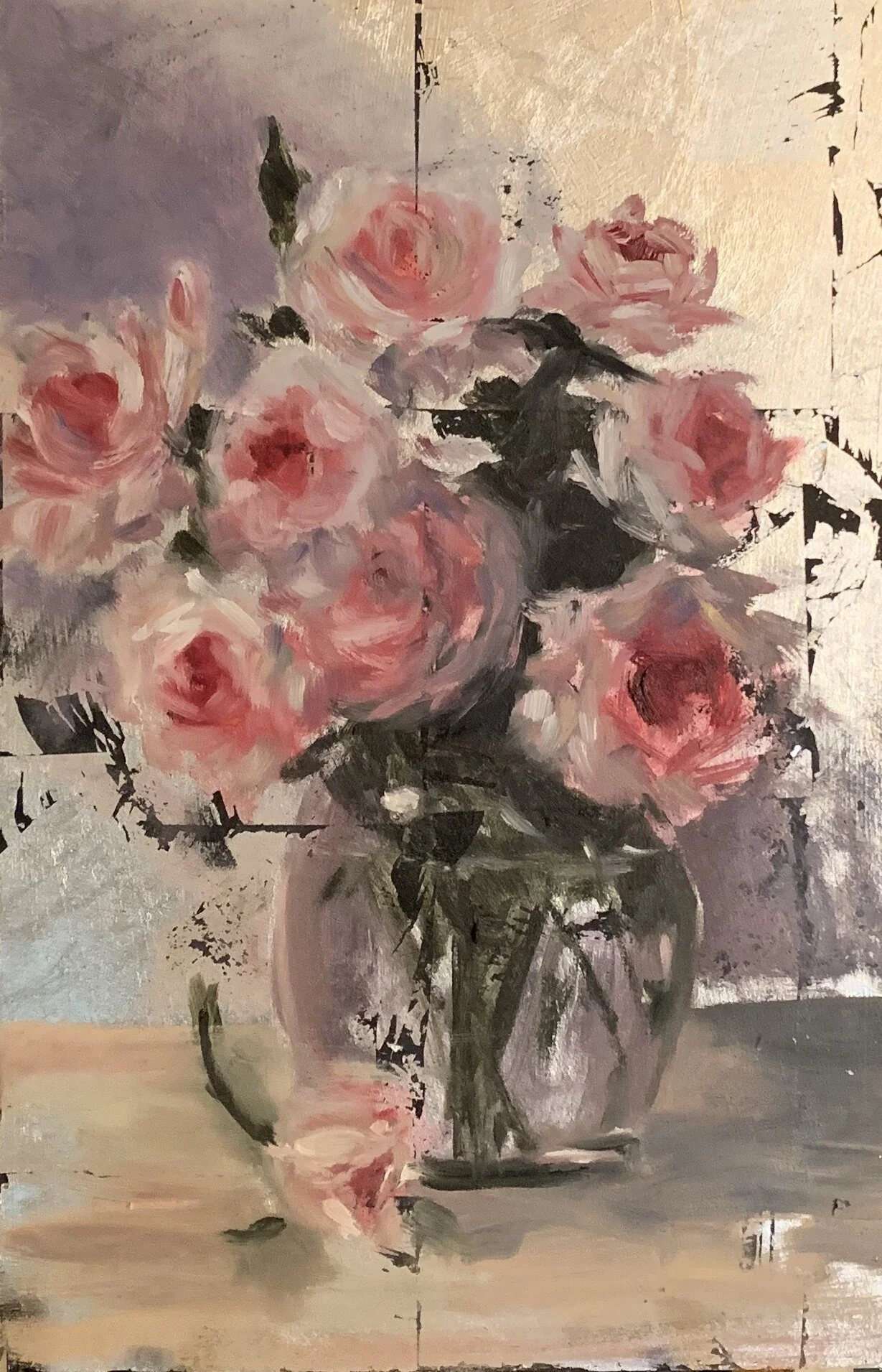 Pink Roses on Sliver Leaf SOLD
