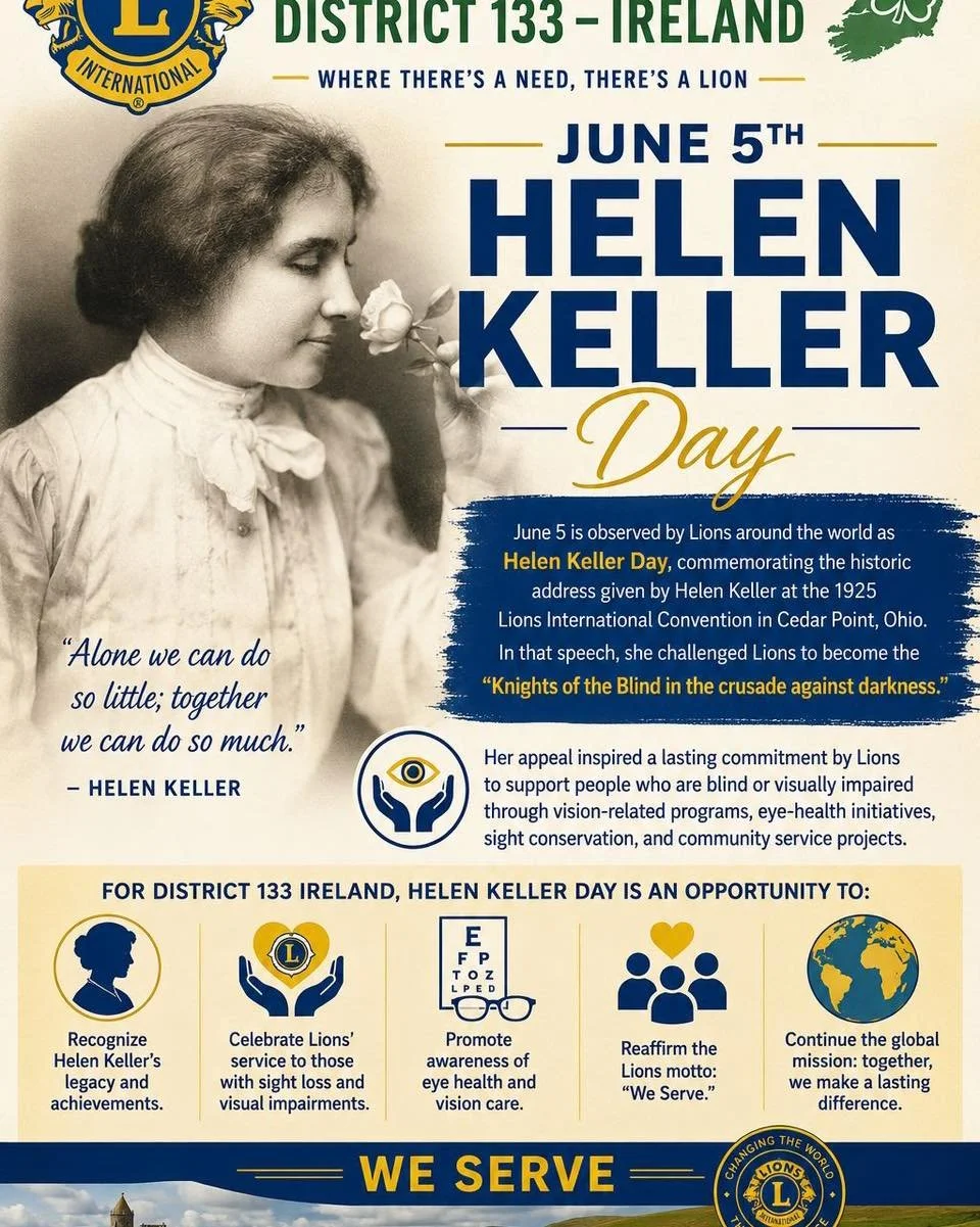 🌟 Helen Keller Day &ndash; 5 June 🌟

Today, the members of Sugarloaf Lions Club proudly join Lions around the world in celebrating Helen Keller Day.

Helen Keller&rsquo;s inspiring challenge to Lions in 1925 to become the &ldquo;Knights of the Blin