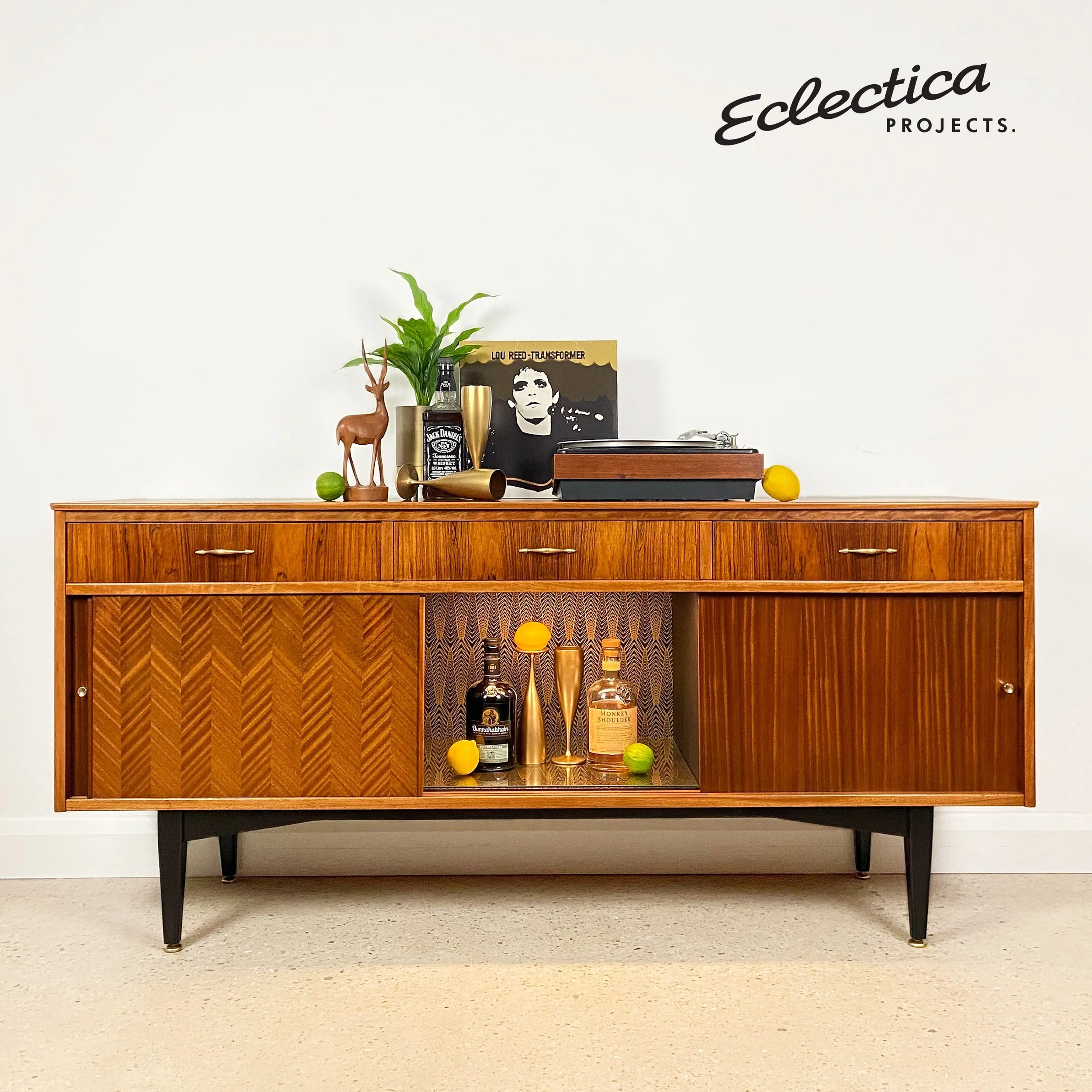 Mid Century Modern Sideboard Drinks Cabinet Media LP Storage by Jentique in Black and Gold with Chevron design