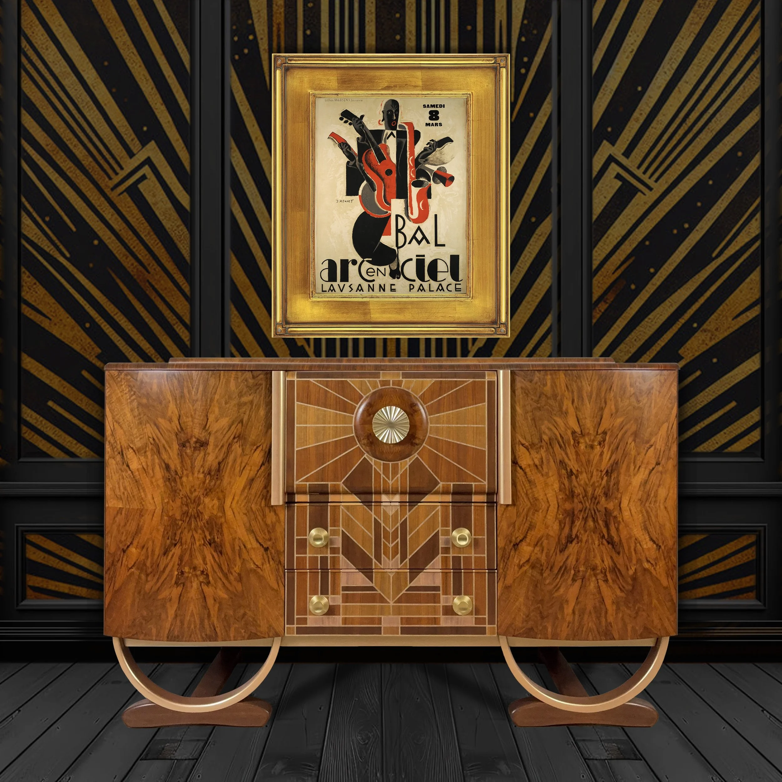    Project No. EP114 - ‘Empress’    Art Deco ‘Beautility’ cocktail cabinet with hand-finished geometric sunburst design and gold accents. 