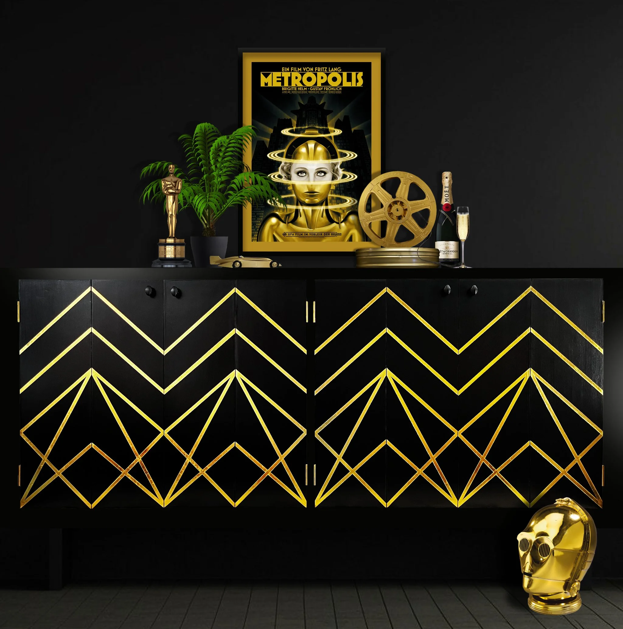    Project No. EP112 - ‘Ritzy’    Bespoke hand-painted cinema cabinet doors with geometric gold leaf line design and bakelite-style handles. 